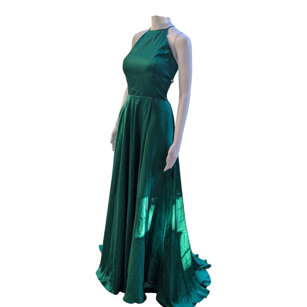 Y2K Vtg Blondie Nites by Stacy Sklar emerald green satin halter neck dress 11 - Picture 6 of 7